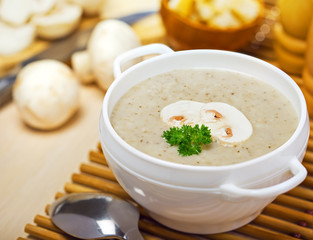 Mushroom cream soup on a table, food