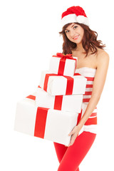 Happy santa woman with gift boxes