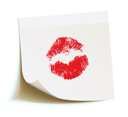 White sticker with the imprint of a red kiss, vector