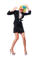 Fototapeta premium Businesswoman in clown costume on white