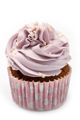 Vanilla cupcakes, decorated with lavender-coloured butter cream