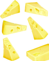 Collage  piece of fresh cheese on white. Isolated