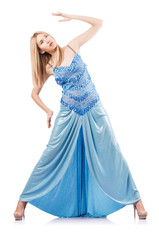 Attractive woman in blue dress on white