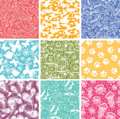Set of nine animal vector seamless patterns backgrounds with