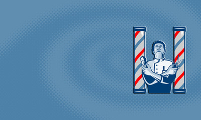 Barber With Pole Hair Clipper and Scissors Retro