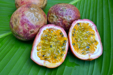 Passion fruit on green leaf background