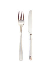 Knife and fork parallel on a white background