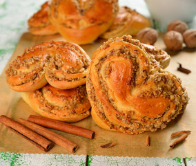 Sweet buns with nuts in the form of heart