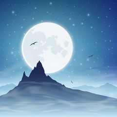 A Mountain with Moon and Night Sky