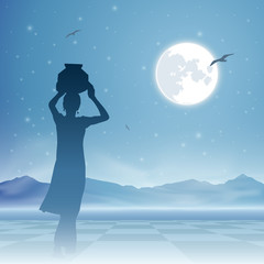 An Indian Girl Carrying Water Jug with Moon and Night Sky