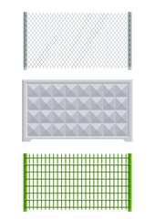 meallic net and concrete fence set of vector illustration