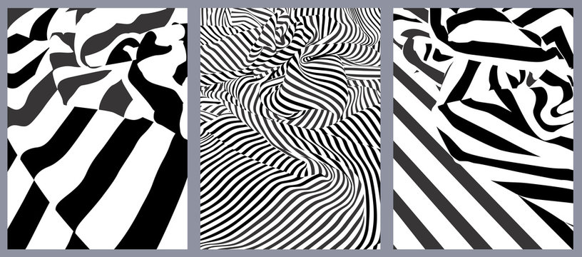 3 tissus drap&eacute;s, ray&eacute;s noir et blanc : effet graphique