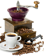 Coffee and old-fashioned coffee grinder