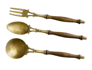 brass serving set with strainer on a white background