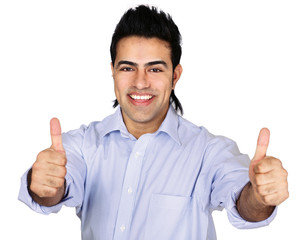 A smiling man showing thumb up sign