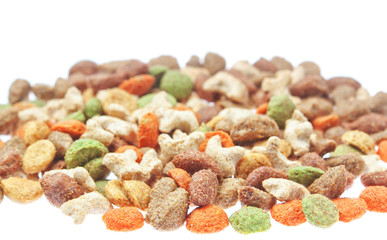 Multicolored food for cats and dogs. On a white background.