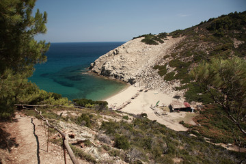 Fototapeta na wymiar View down to a secluded Skiathos beach