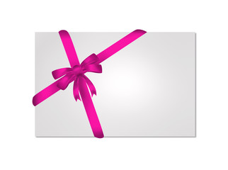 Card with purple gift bows with ribbons on white background