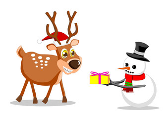 Snowman give gift to Reindeer