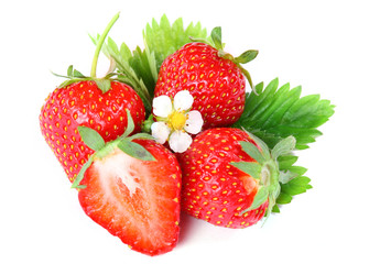 strawberry berry with green leaf and flower