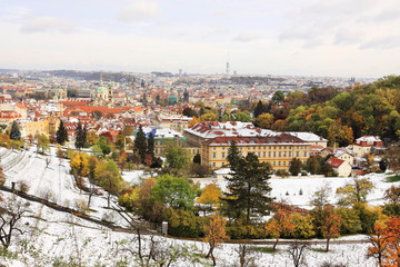 Snowy colorful autumn View on Prague City, Czech Republic