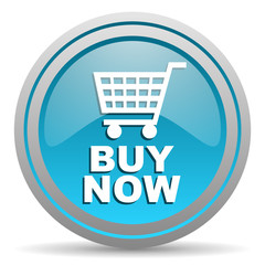 buy now blue glossy icon on white background