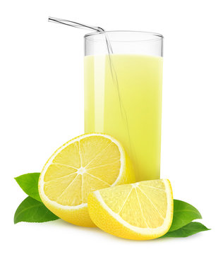 Isolated drink. Glass of lemonade or lemon juice and cut fresh lemons isolated on white background