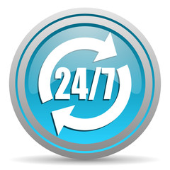 24/7 service blue glossy icon on white background