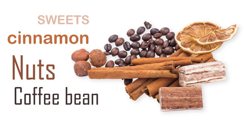 coffee beans, cinnamon and lemon