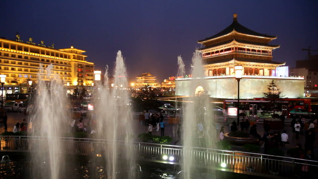 Night view of the Bell Tower in Xian, China.
