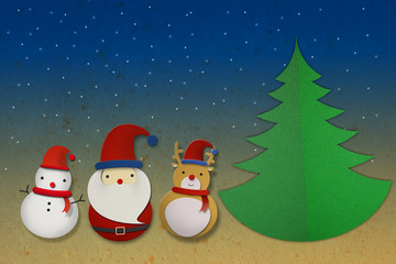 Santa raindeer and snowman papercut in night background