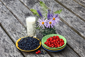 Still-life with berries and milk.