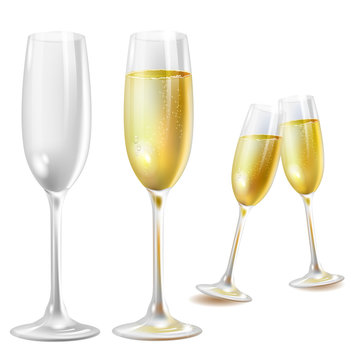 Two champagne glasses over white background