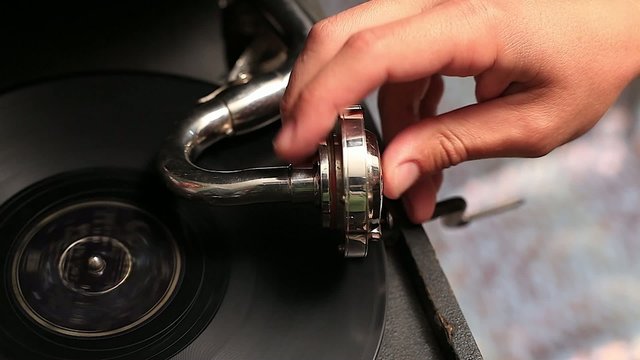 vintage old gramophone play music close up