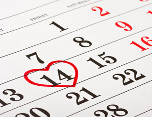 date of February 14 Valentine's Day red heart encircled