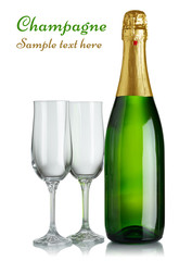 Champagne bottle and glasses isolated on white