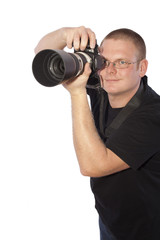 Fotograf vor wei&szlig;en Hintergrund