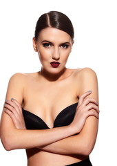 glamor sexy model with red lips,bright makeup in black lingerie