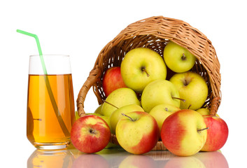 Useful apple juice with apples around in basket isolated