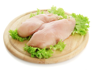 raw chicken meat on cutting board, isolated on white