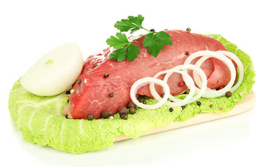 Raw beef meat marinated with herbs and spices isolated on white