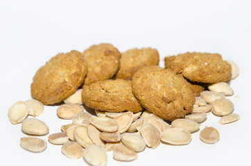 Cookies and almonds.Cookies with almonds on white background.