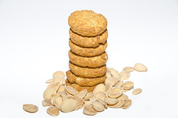 Cookie Tower.A stack of cookies with several almonds