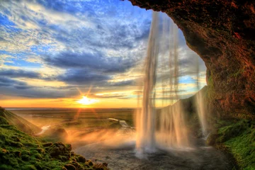 Wall murals European Places Seljalandfoss waterfall at sunset in HDR, Iceland