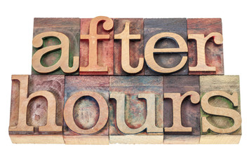 after hours text in wood type