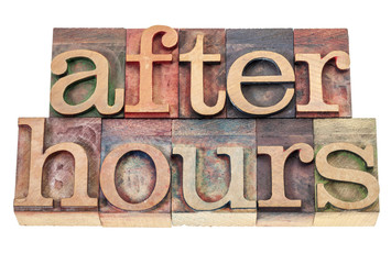 after hours text in wood type