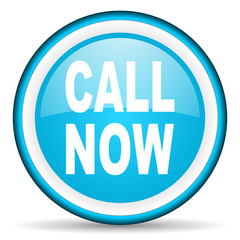 call now blue glossy icon on white background