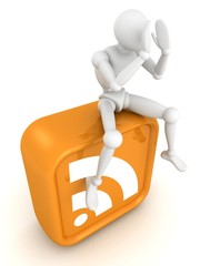 white 3d man sitting on orange RSS icon