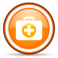 first aid kit orange glossy icon on white background