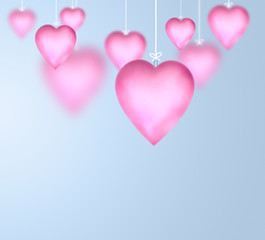 Fototapeta na wymiar Valentine background with hanging pink glossy hearts
